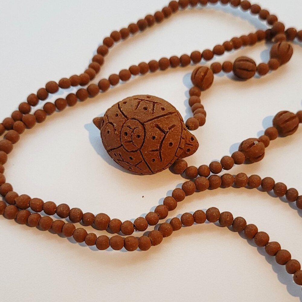 Vintage Terracotta Clay Carved Turtle + Bead handmade Necklace